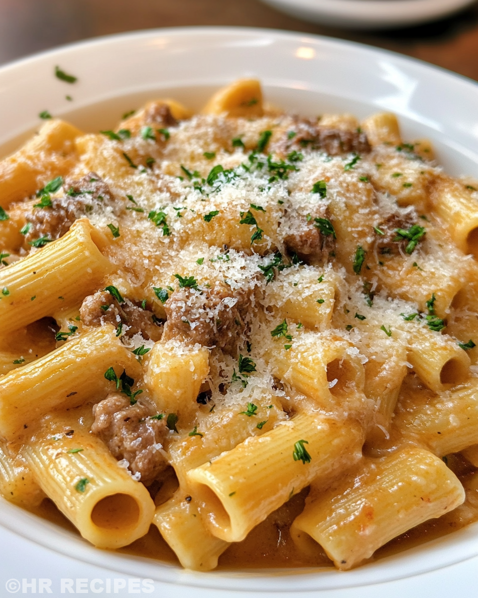 Cooking ground beef with garlic and onions step for creamy parmesan rigatoni