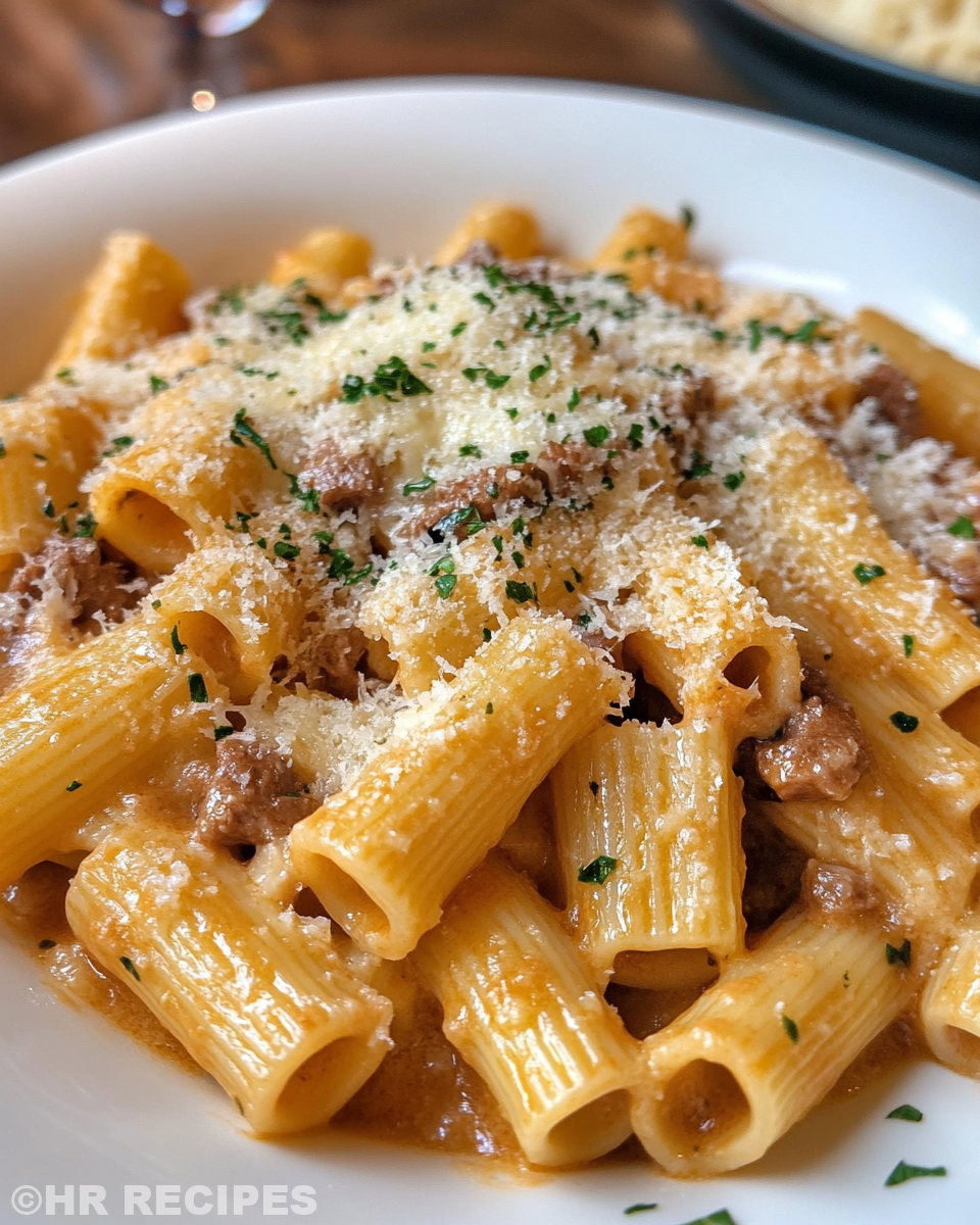 Serving of creamy parmesan beef rigatoni garnished with fresh parsley