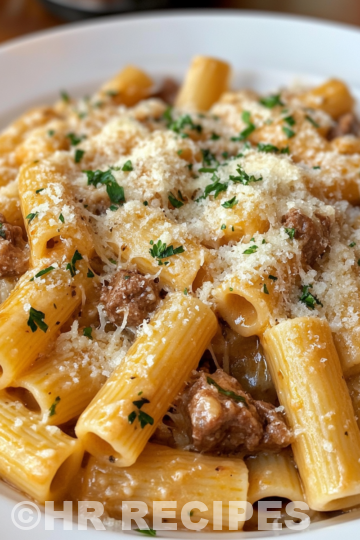 Creamy Parmesan Beef Rigatoni taken with iphone 15 pro max --iw 2 --ar 4:5 --v 6.1 --raw