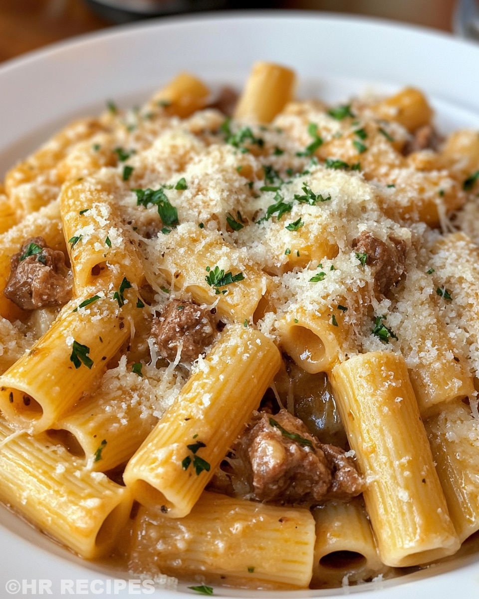 Pressure cooker with creamy parmesan beef rigatoni cooking, showing steam and sealed cooker