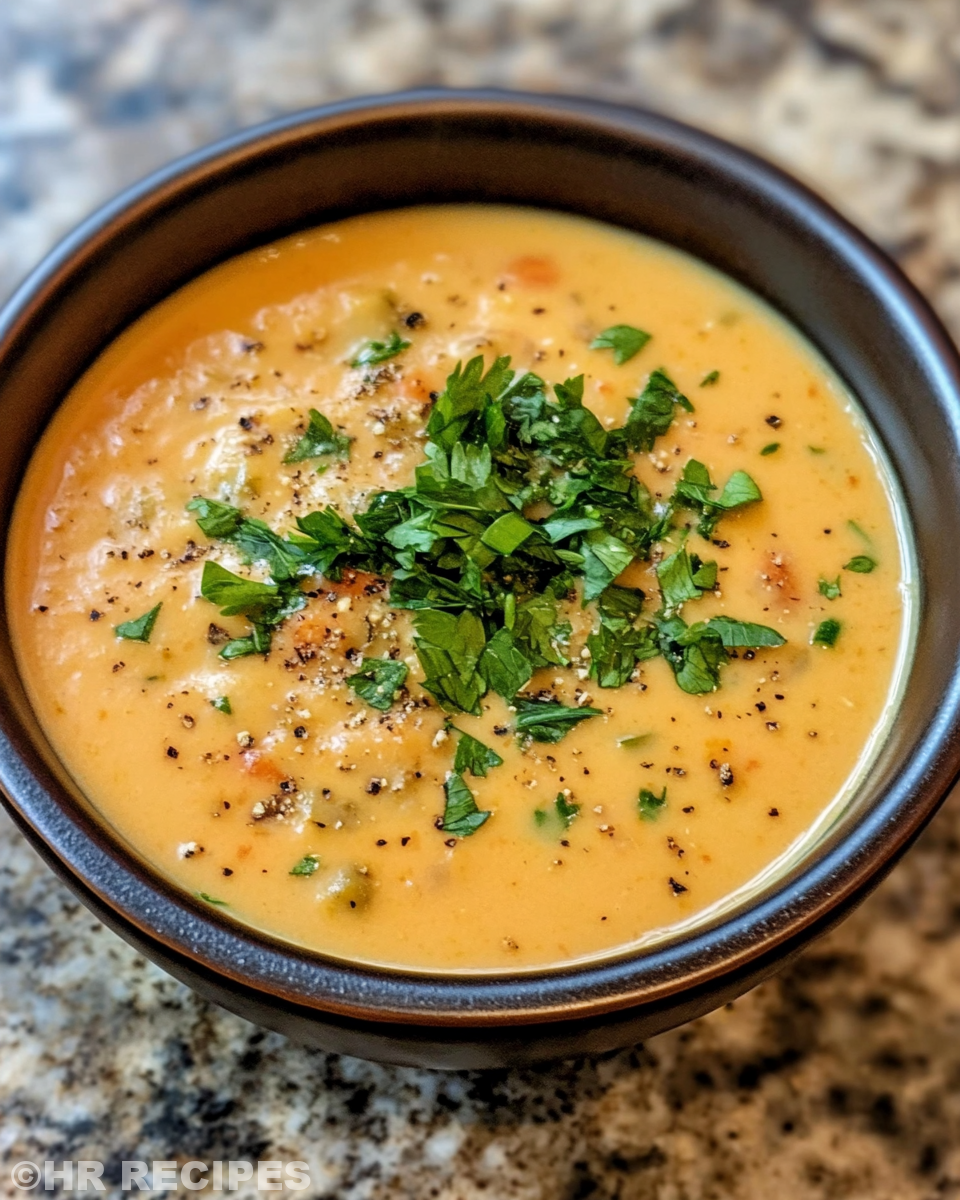 Bowl of creamy vegetable soup ready to serve with garnish