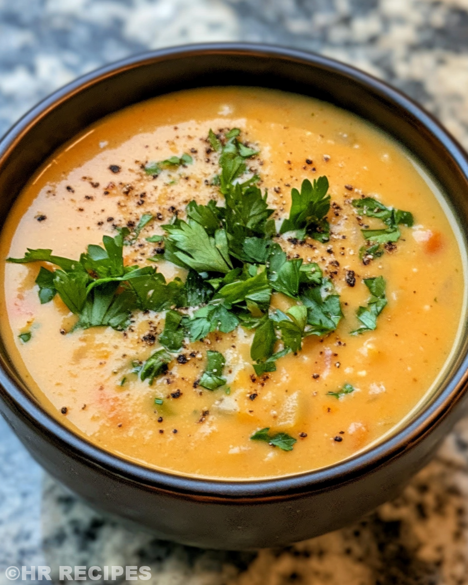Close-up of creamy vegetable soup in a bowl showing tender potatoes and broccoli