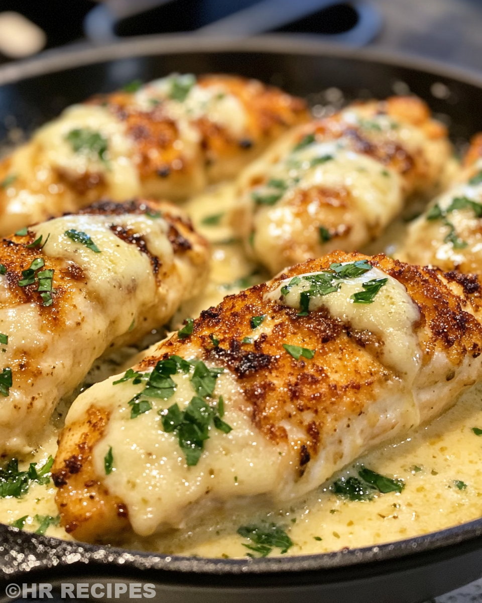Close-up of creamy garlic parmesan chicken plated and garnished