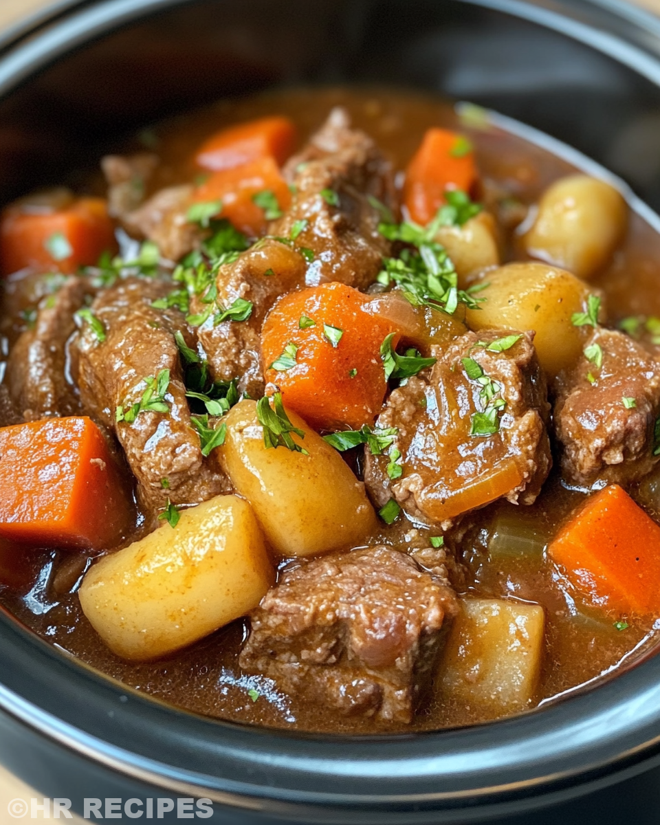 Ingredients for crockpot beef stew including beef cubes, potatoes, carrots, and celery