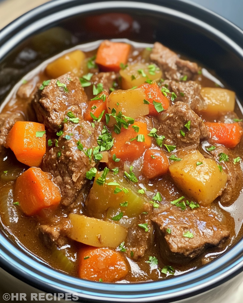 Pouring beef broth mixture over meat and vegetables in crockpot