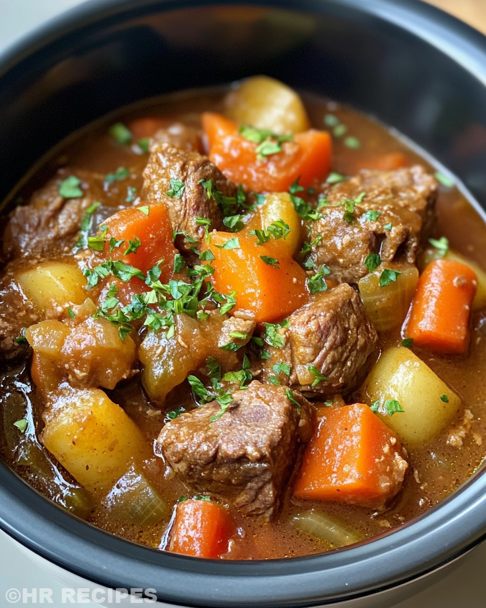 Steam rising from crockpot beef stew with rich broth and vegetables