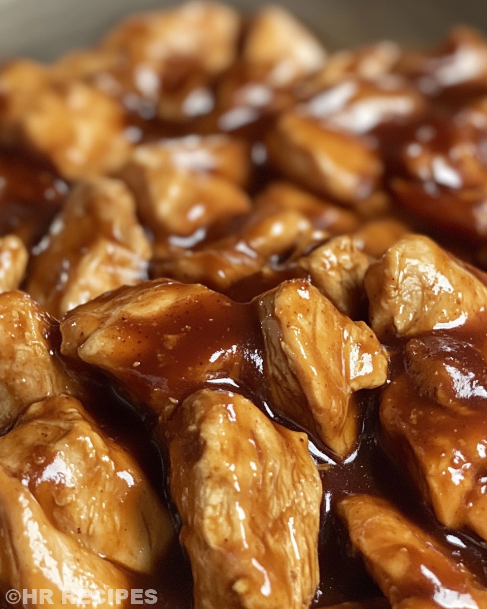 Slow cooker bourbon chicken cooking with honey garlic sauce