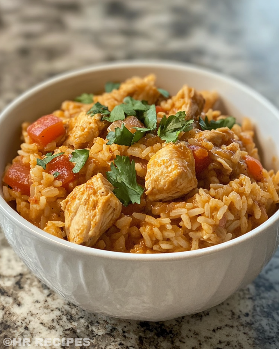 Served crock pot chicken and rice in a bowl ready to eat
