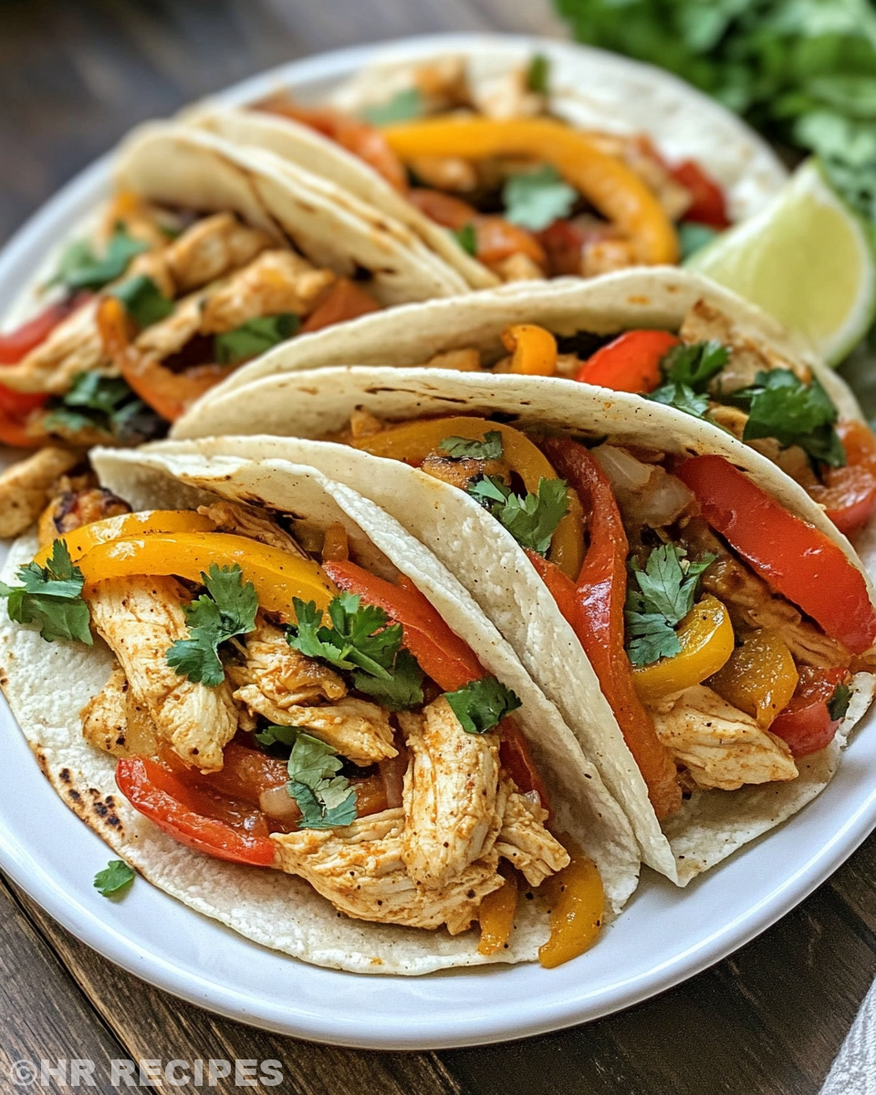 Served pressure cooker chicken fajitas wrapped in flour tortillas