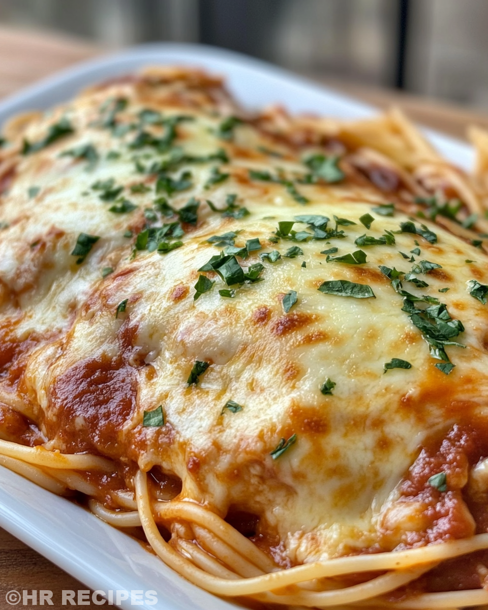 Finished crock pot chicken parmesan topped with melted mozzarella and Parmesan cheese