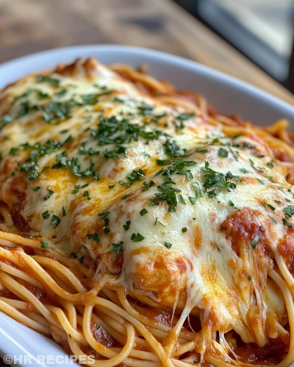 Close-up of the crock pot simmering with chicken parmesan as steam rises