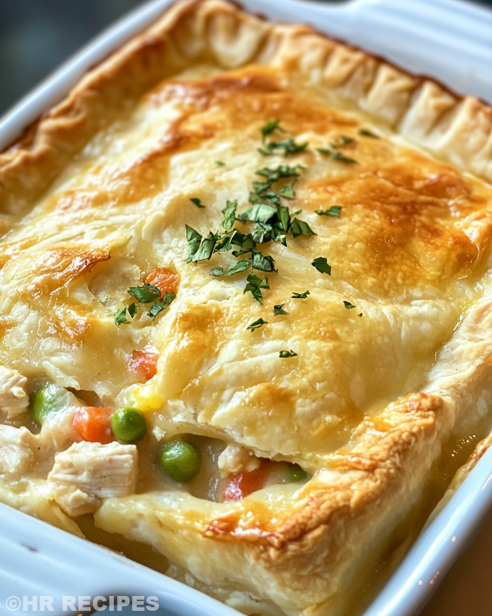 Serving of slow cooker chicken pot pie with biscuits on plate