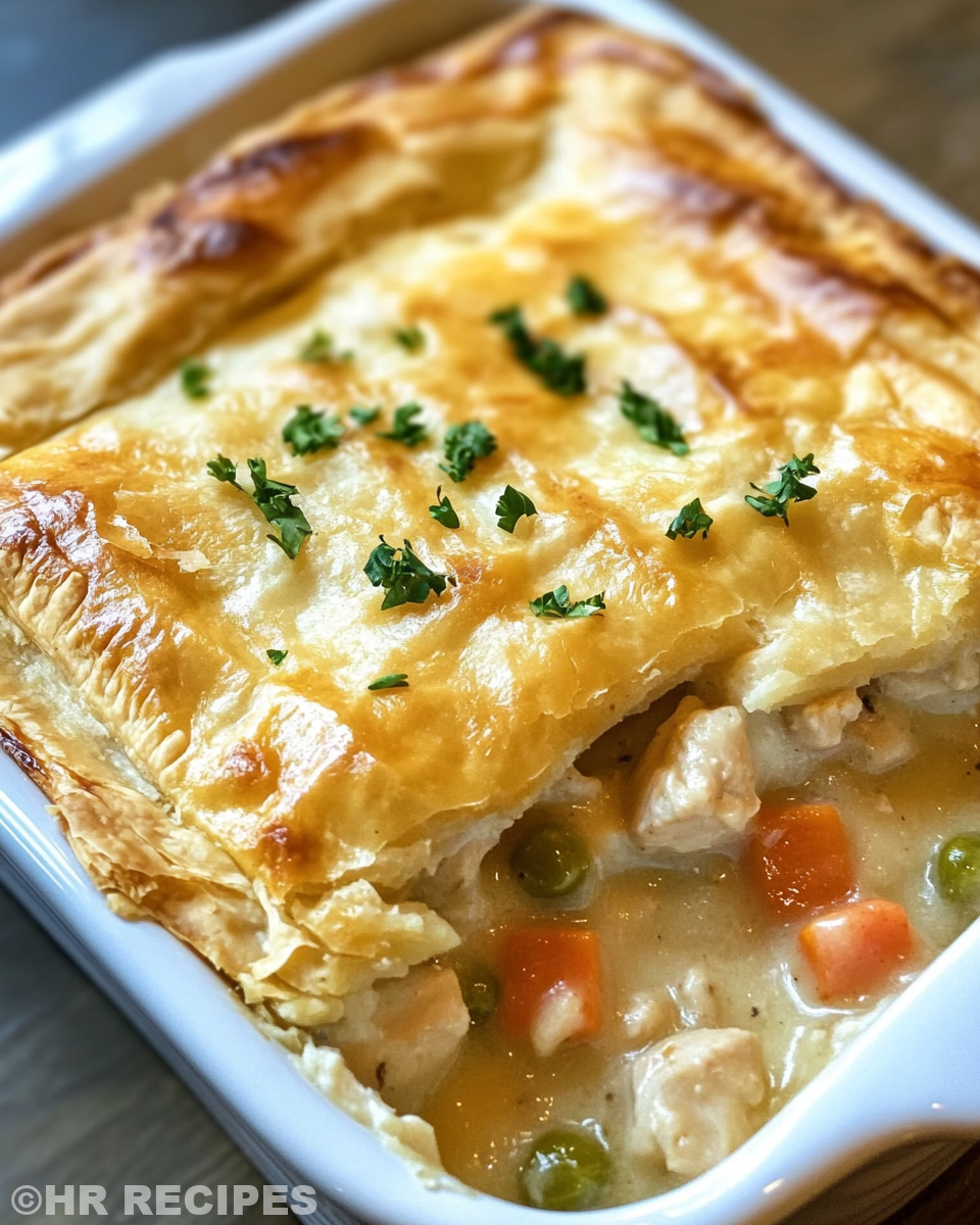 Golden brown biscuit atop creamy chicken pot pie filling in slow cooker