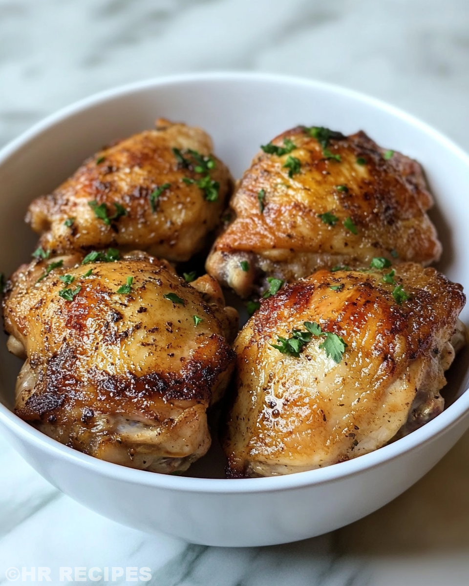 Ingredients and sauce poured over seared chicken thighs in crock pot