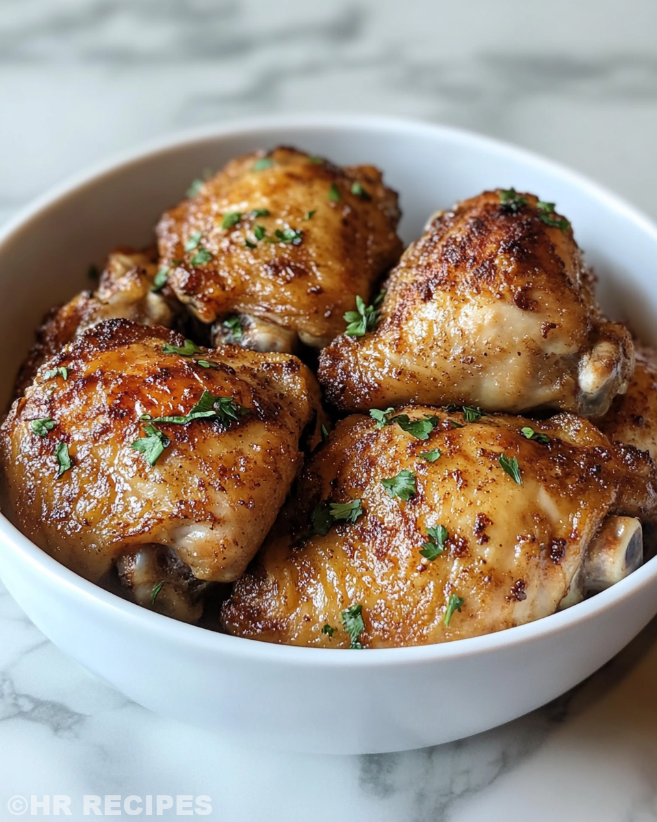 Golden and crispy broiled chicken thighs served and plated