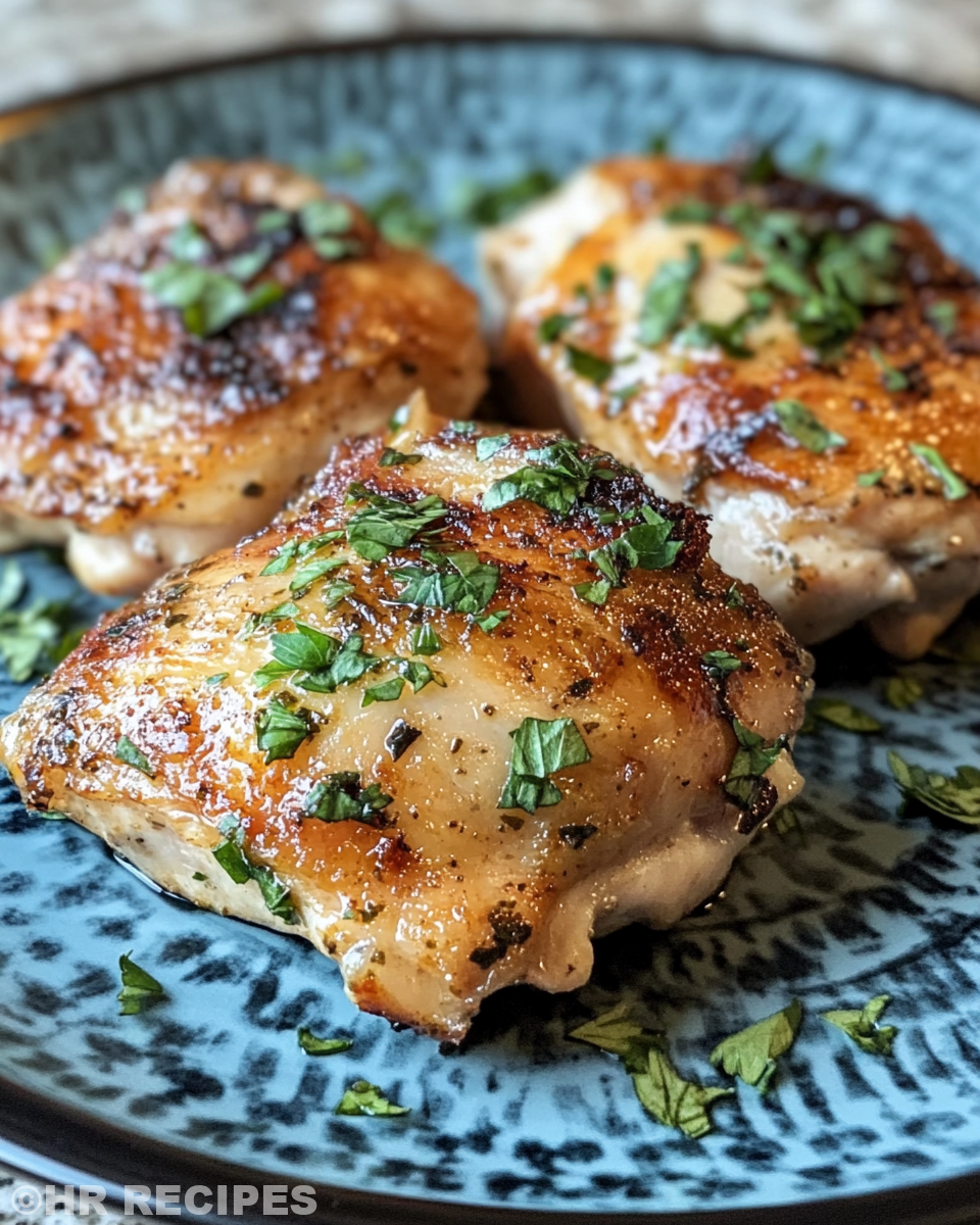 Sticky glazed crock pot chicken thighs served on plate garnished with parsley