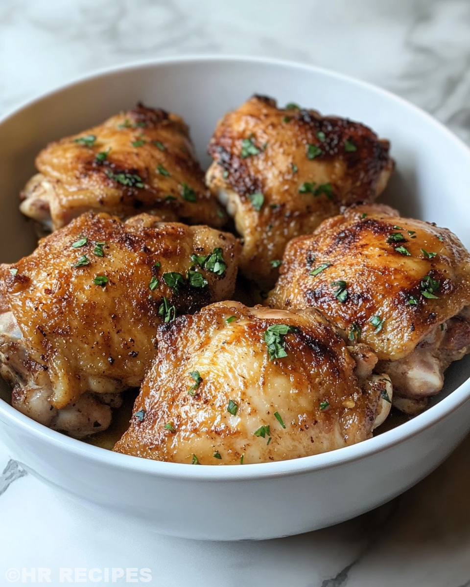 Juicy bone-in skin-on chicken thighs cooking in crock pot with rich broth