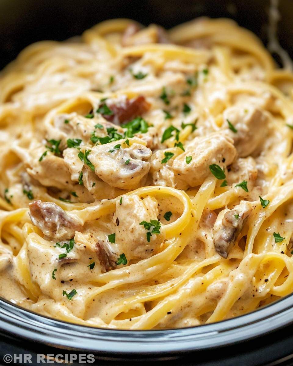 Ingredients of creamy Cajun chicken pasta in crock pot layered