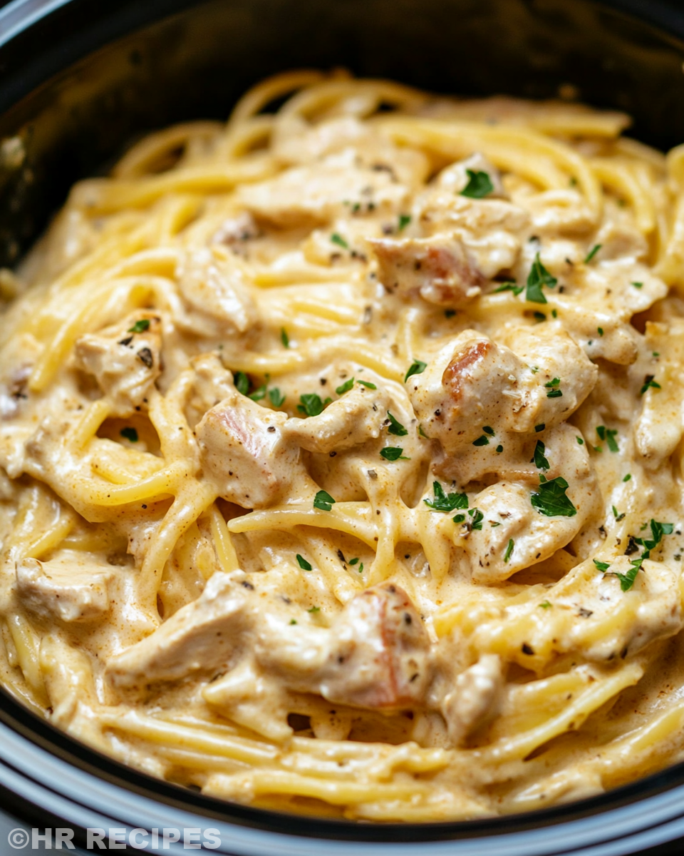 Steaming creamy Cajun chicken pasta in crock pot
