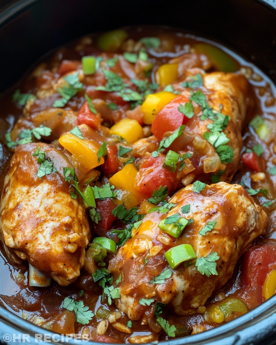 Close-up of crock pot fiesta chicken bubbling in slow cooker