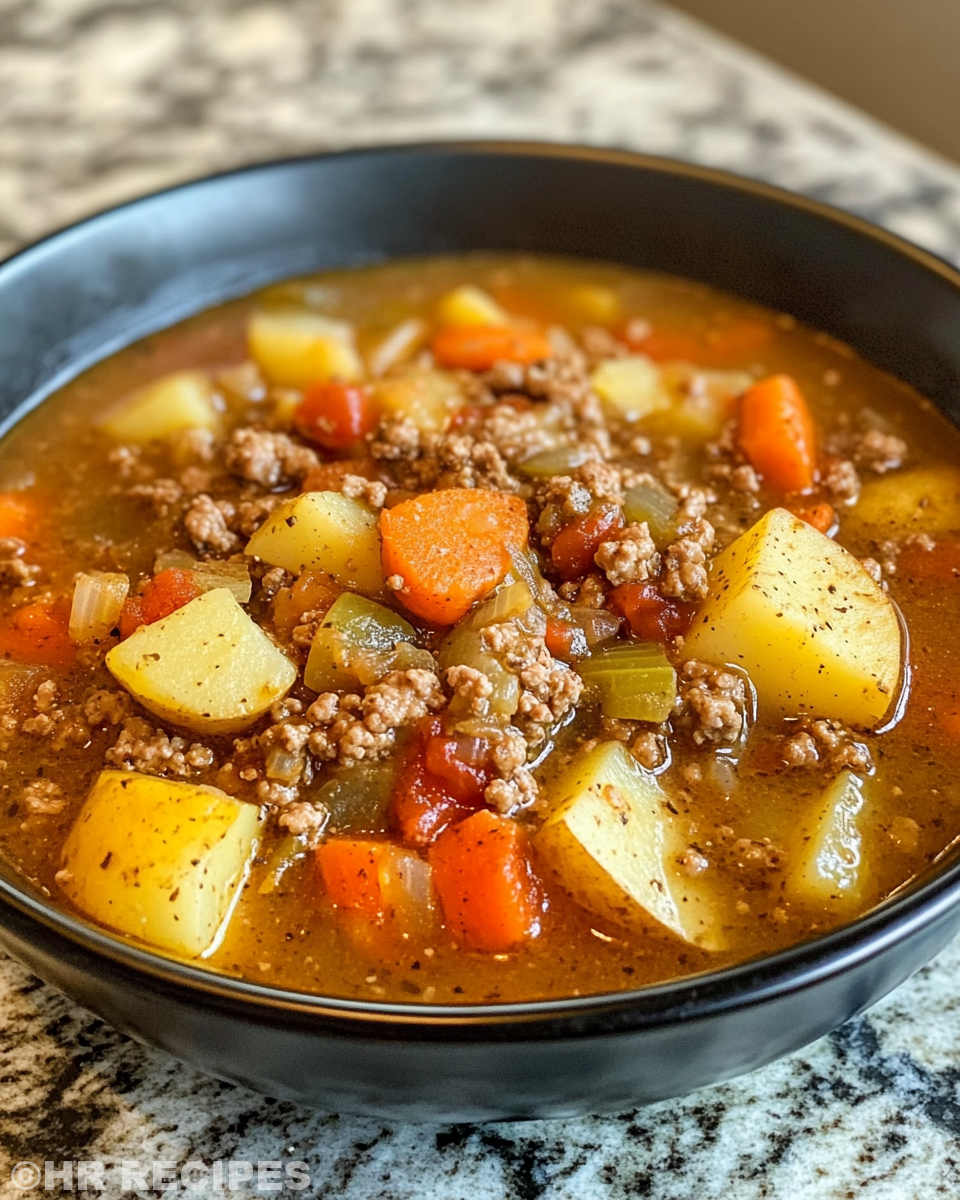 Adding ingredients into crock pot for hamburger potato soup