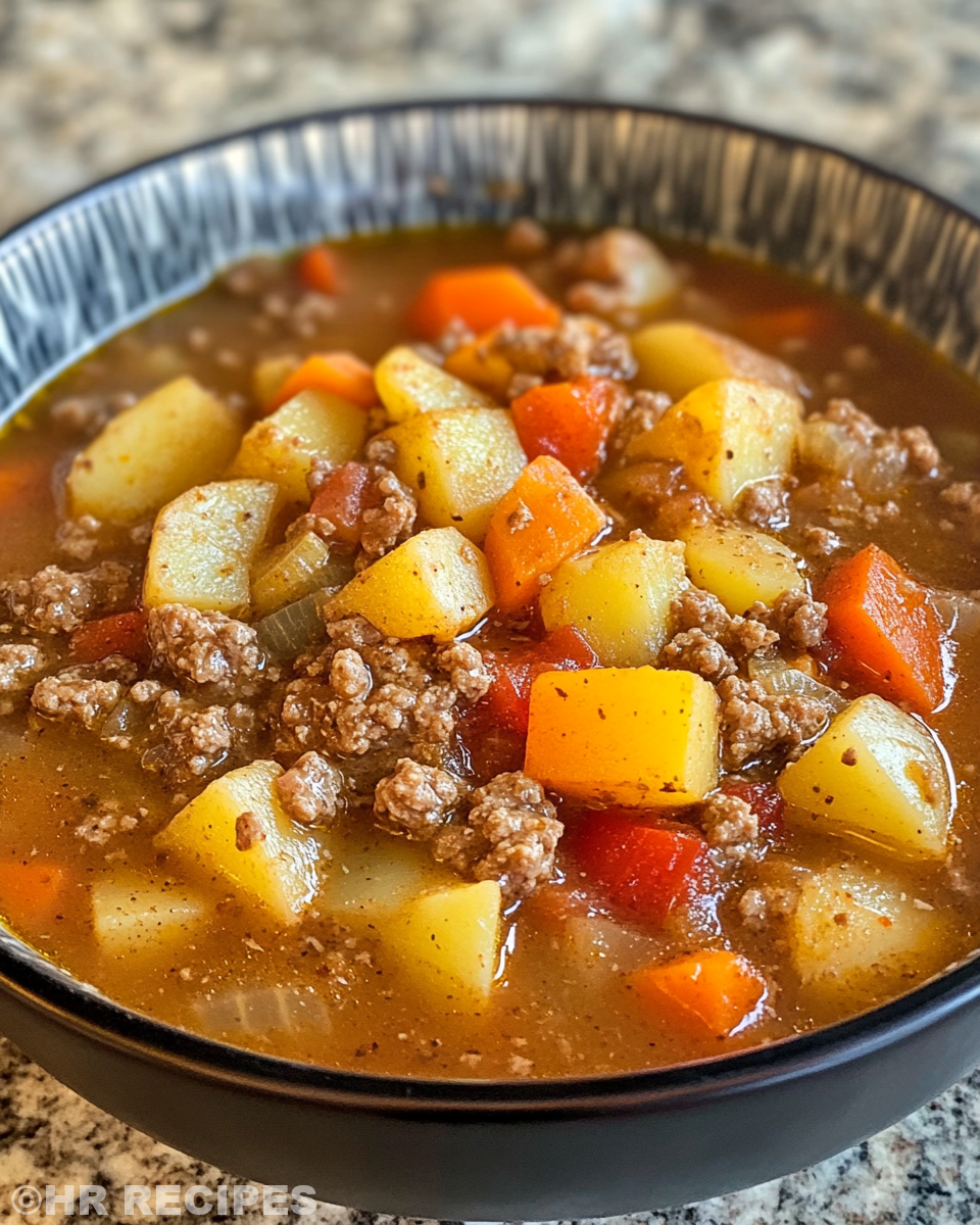 Bowl of creamy hamburger potato soup served with fresh parsley