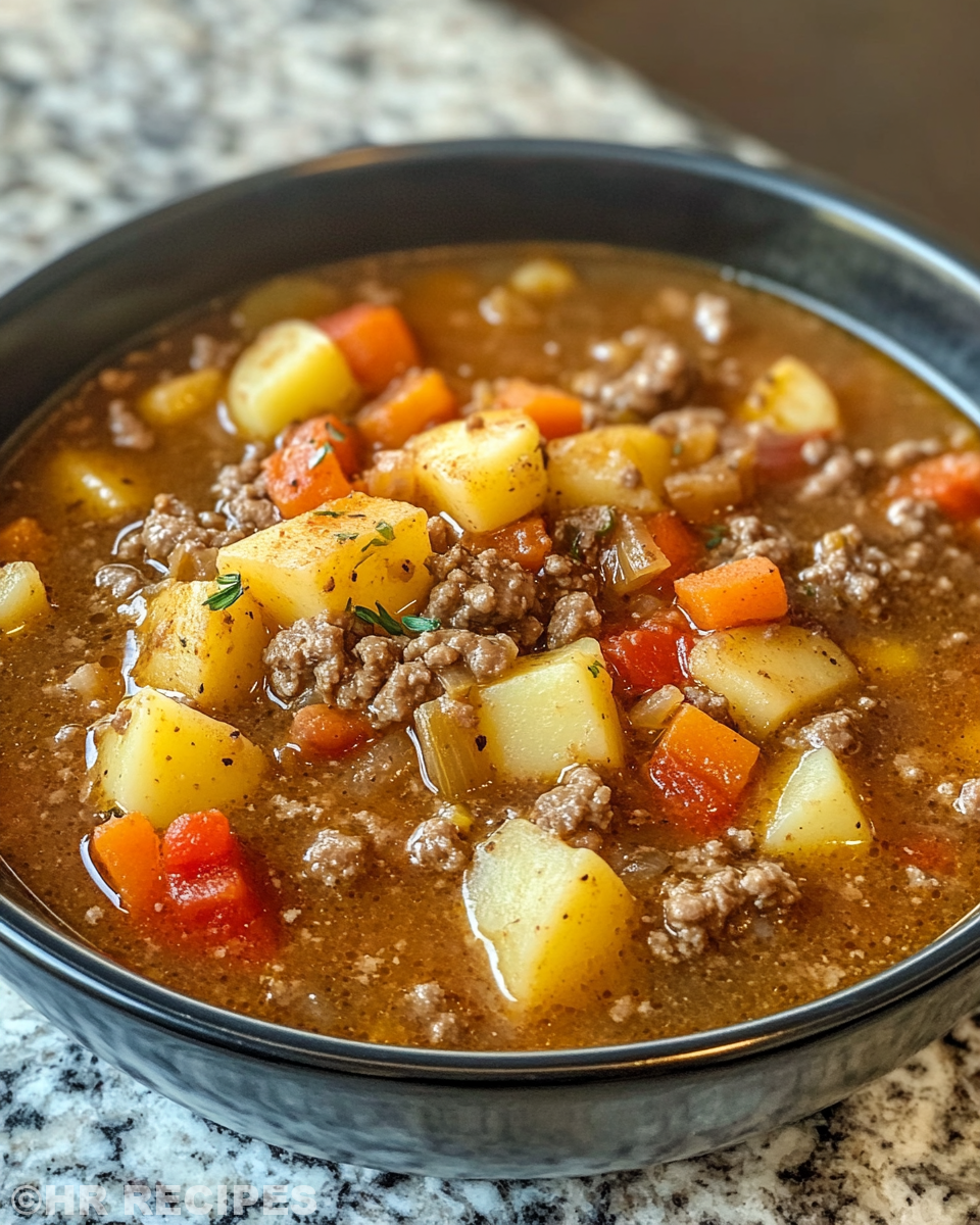 Pot of hamburger potato soup simmering in crock pot