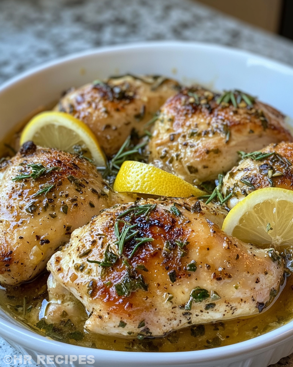 Pouring lemon garlic butter sauce over chicken thighs in crock pot
