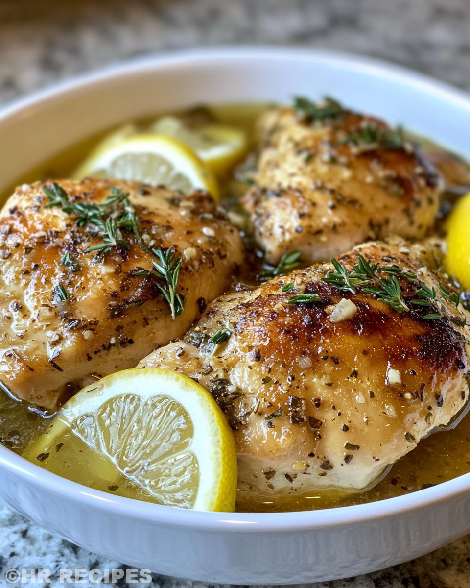 Buttery lemon garlic chicken thighs served on a plate