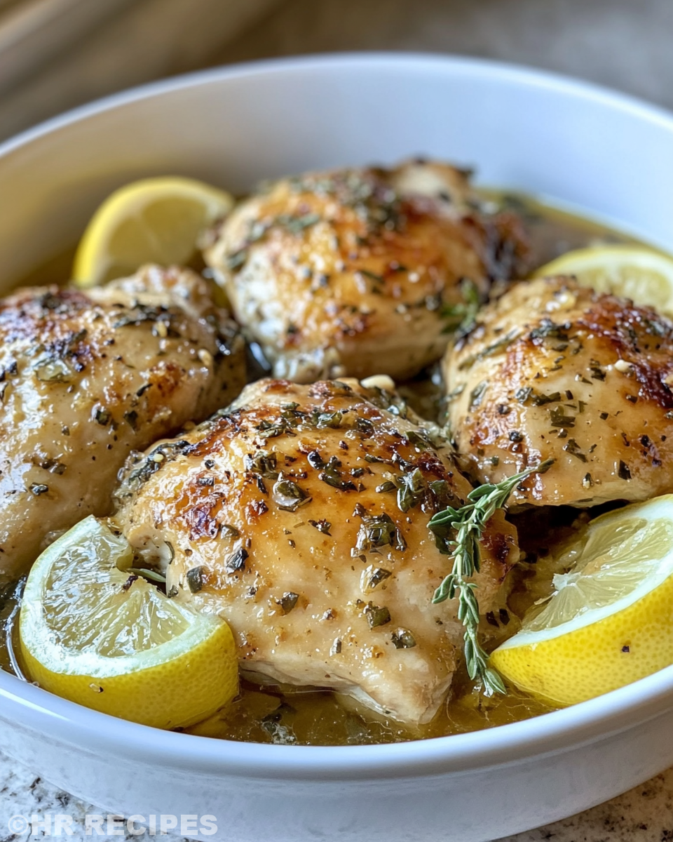 Pressure cooker lemon garlic butter chicken thighs cooking in crock pot