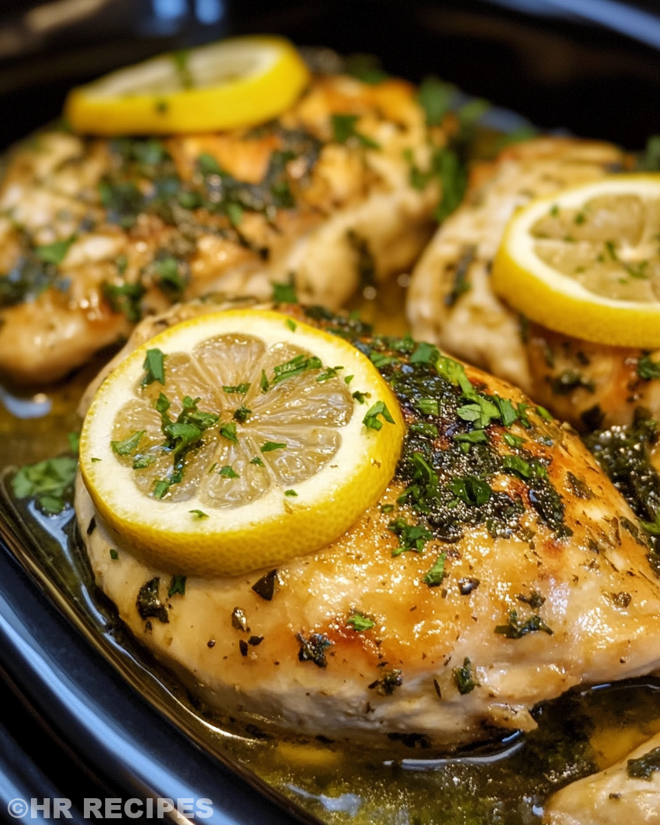 Finished lemon garlic butter chicken served with lemon and parsley