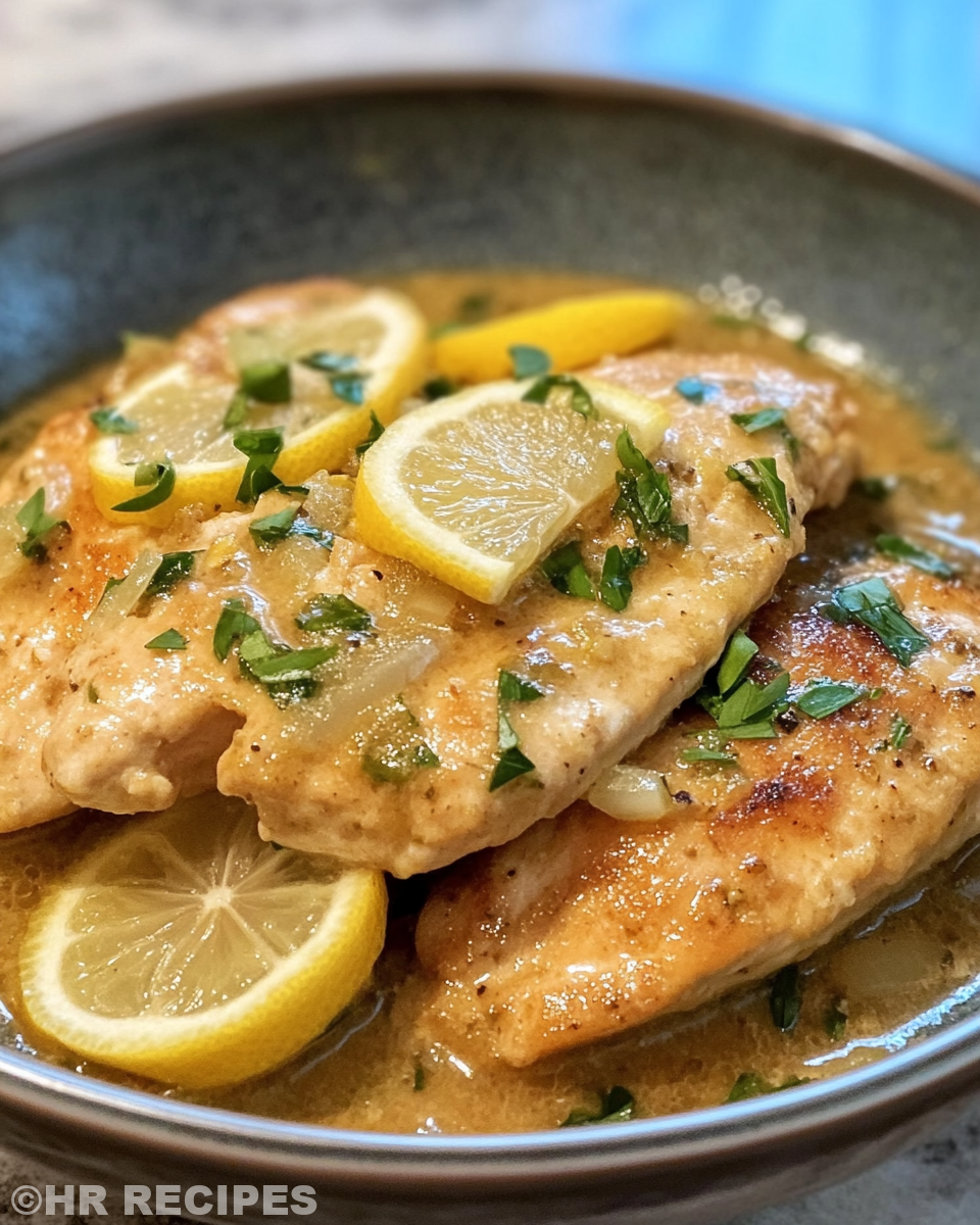 Finished slow cooker lemon chicken piccata served with noodles and garnished with capers