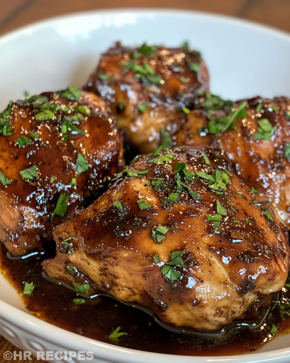 Final plated slow cooker balsamic chicken with parsley garnish