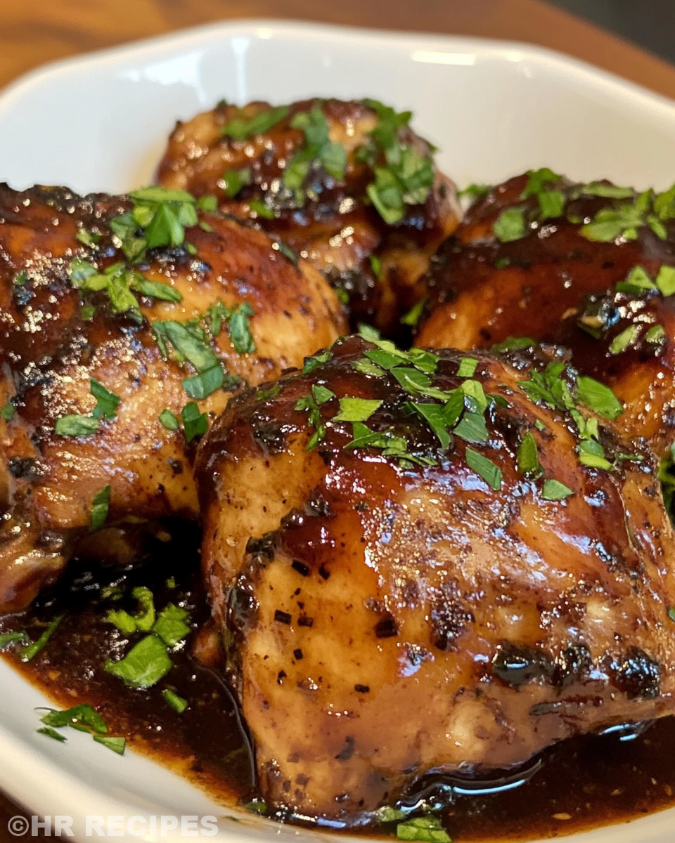 Slow cooker filled with balsamic chicken cooking inside