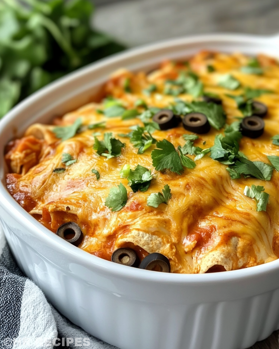 Serving of cheesy chicken enchilada casserole with garnishes