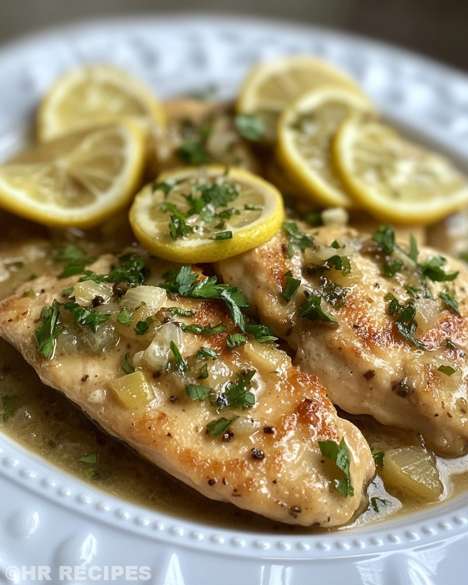 Plated crockpot chicken piccata with sauce and parsley garnish