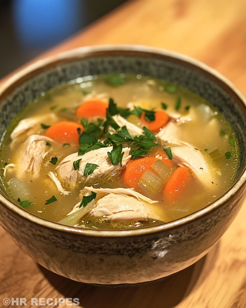 Bowl of finished pressure cooker chicken soup with tender chunks and vegetables