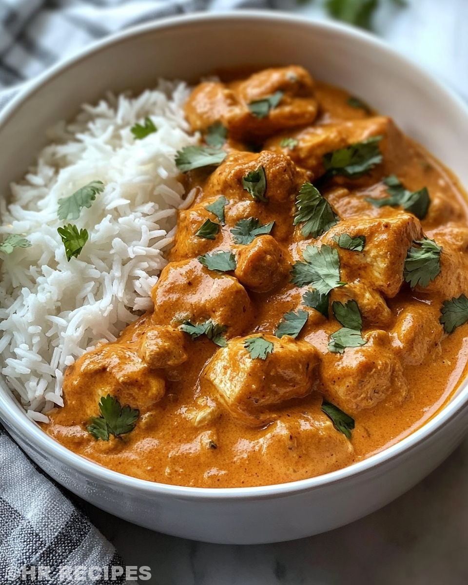 Serving of creamy coconut chicken tikka masala garnished with cilantro on rice