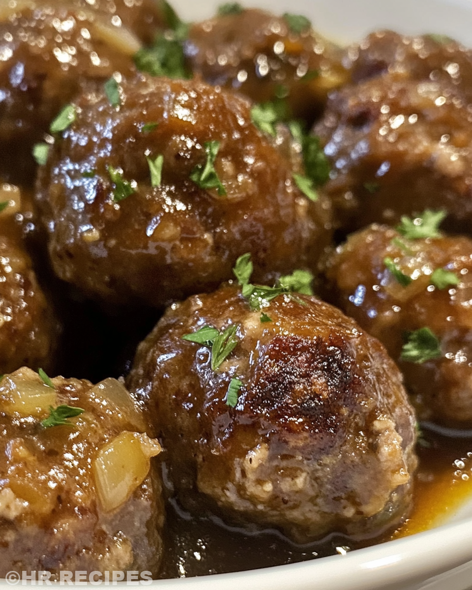 Served crockpot French onion meatballs with melted cheese and herbs