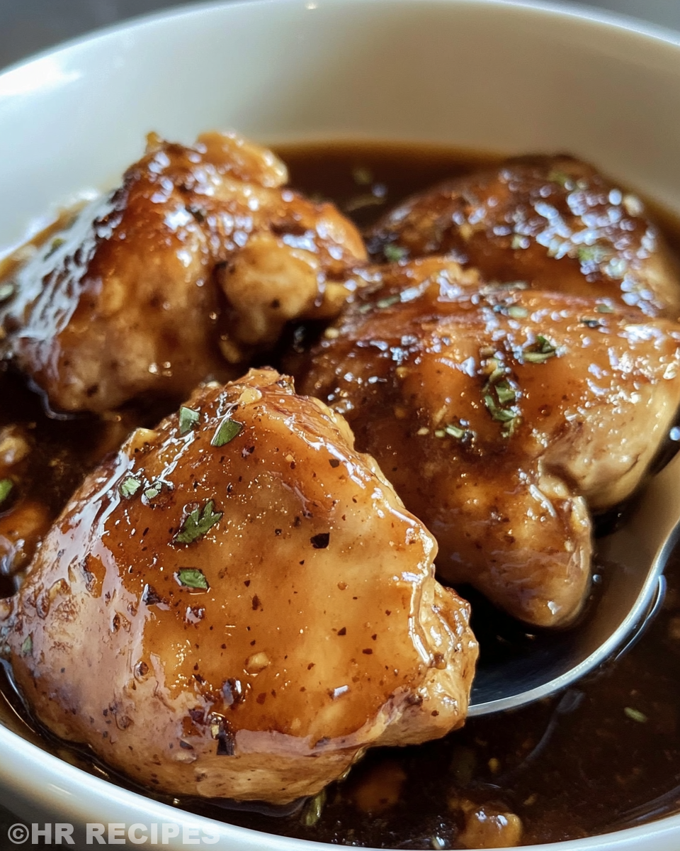 Serving of honey garlic chicken thighs glazed with sauce and garnished