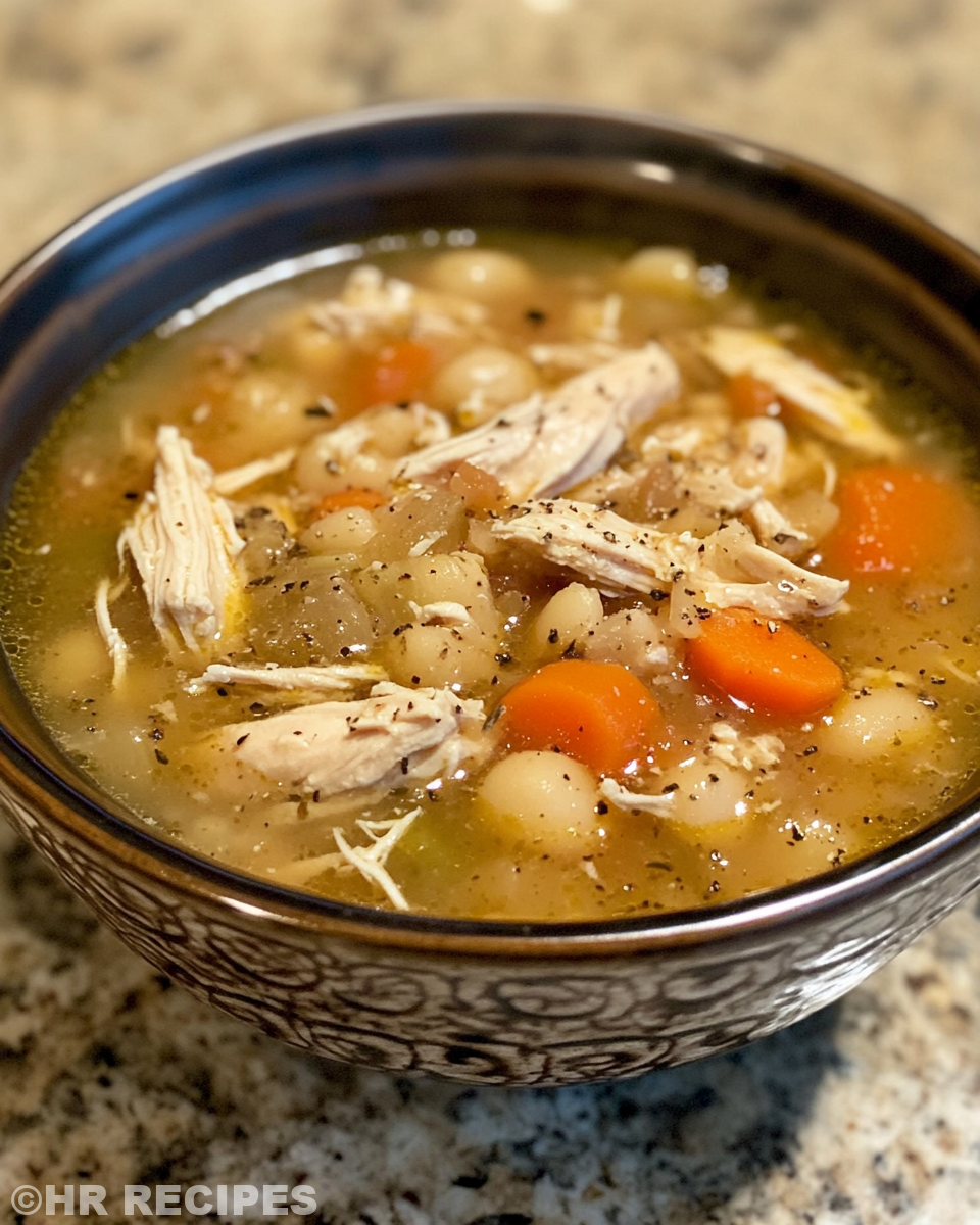 Bowl of finished Italian chicken soup with parsley garnish