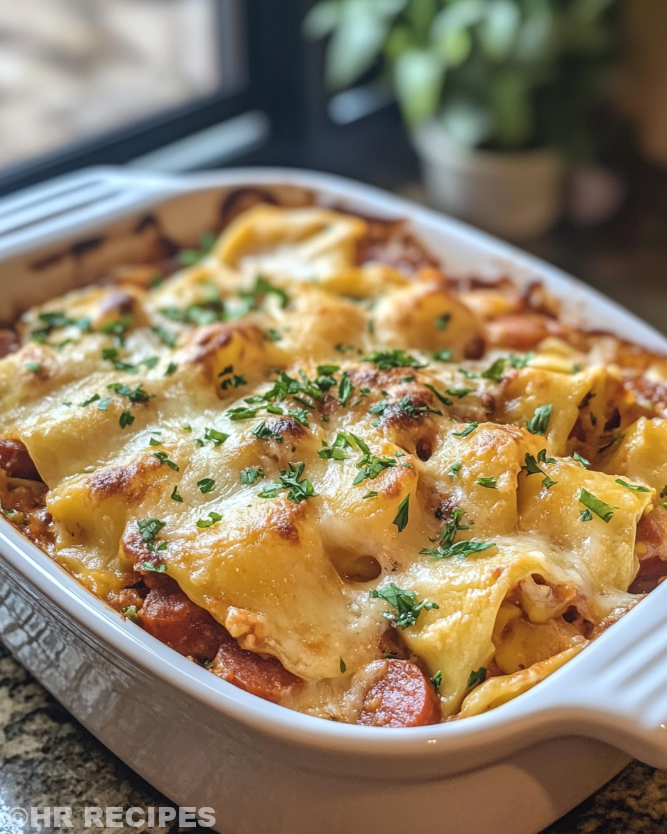 Serving of cheesey pierogi and kielbasa casserole garnished with green onions