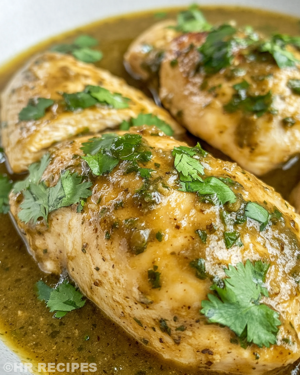 Ingredients layered inside slow cooker for salsa verde chicken