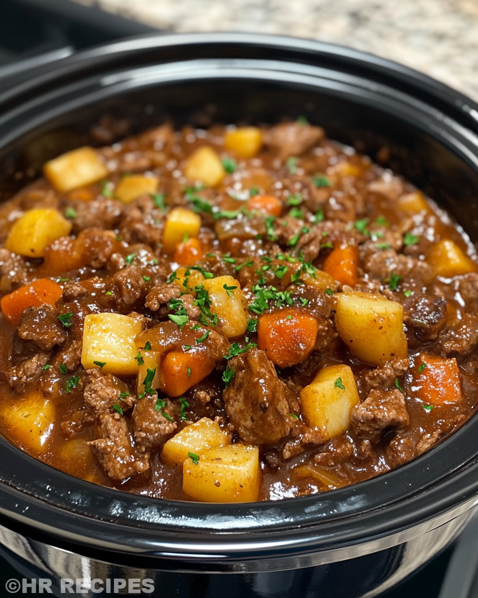 Ingredients and vegetables added to slow cooker stew