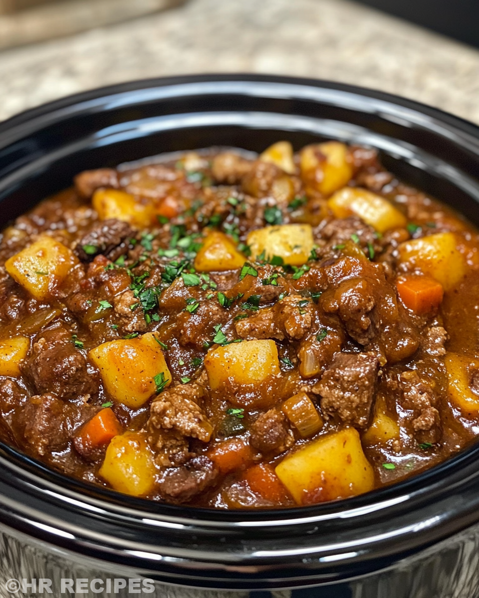 Serving of finished slow cooker beef stew in a bowl
