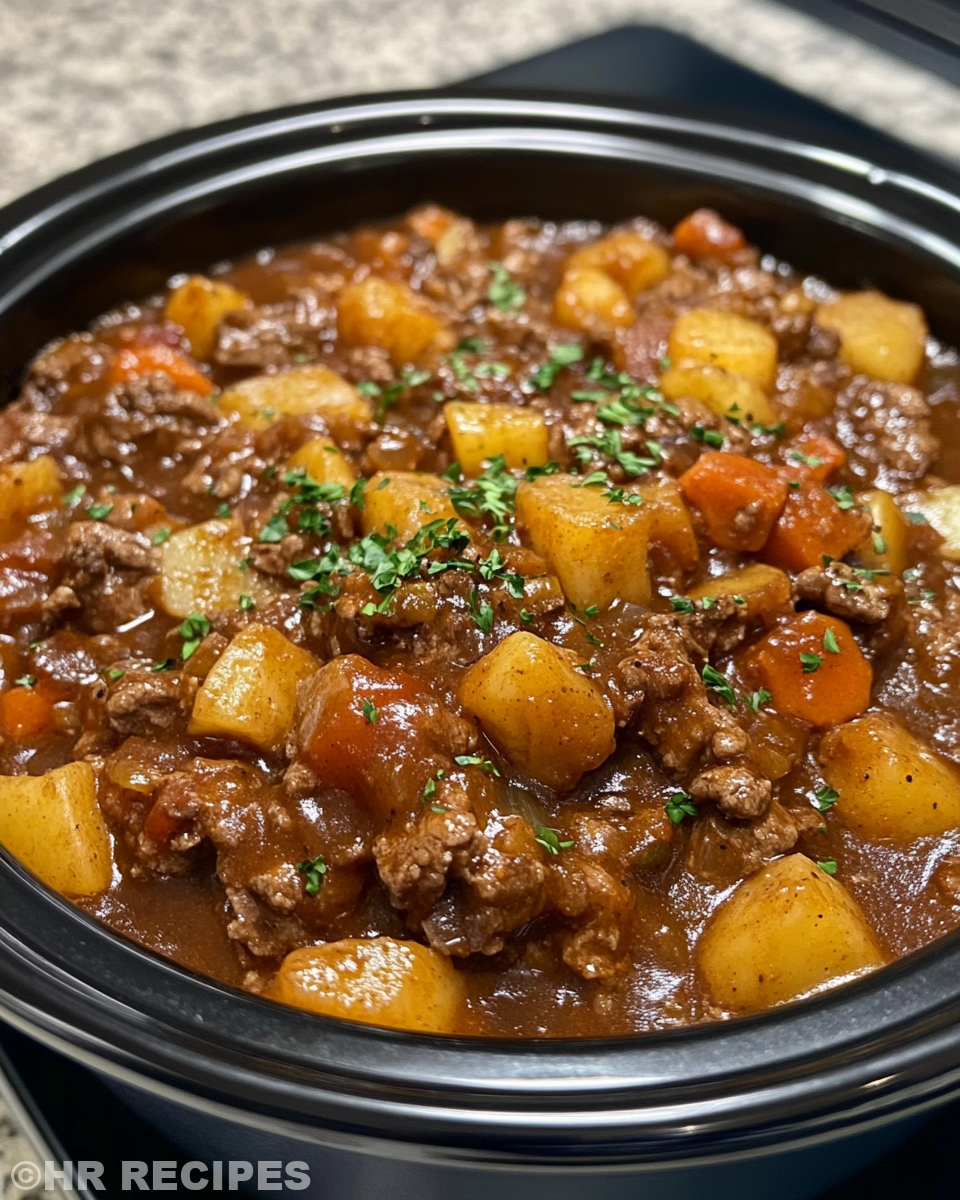 Slow cooker beef stew bubbling in a pot