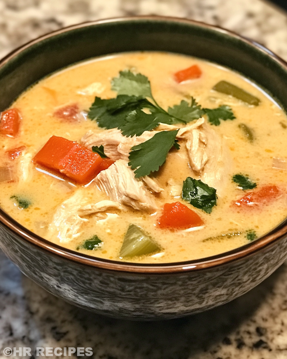 Steam rising from slow cooker with coconut peanut chicken