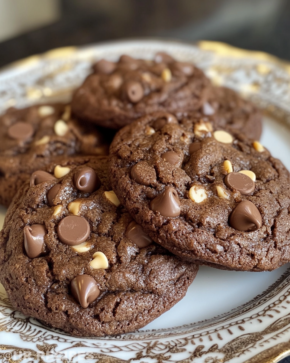 Close up of a soft double chocolate chip cookie showing melty chocolate chunks