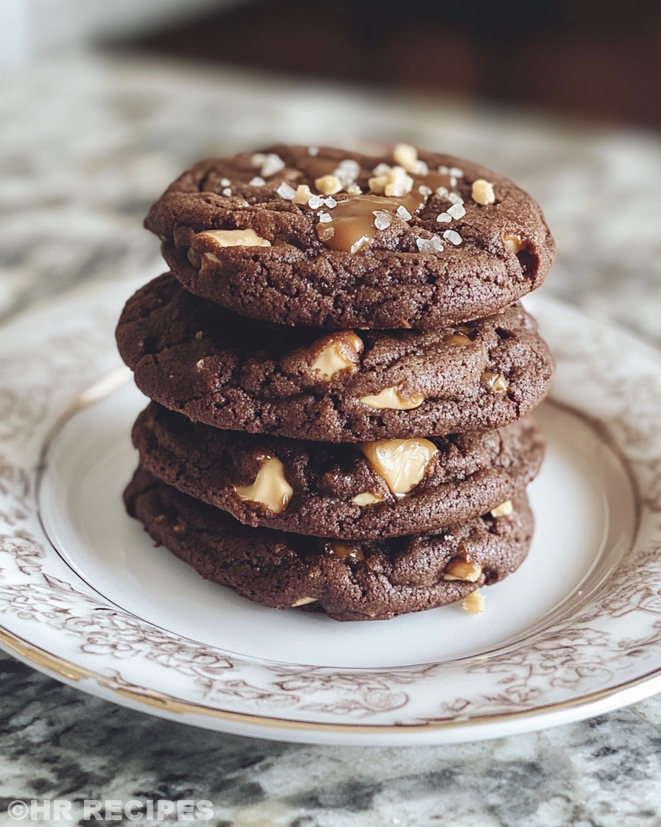 Baked double chocolate salted caramel cookies cooling on wire rack
