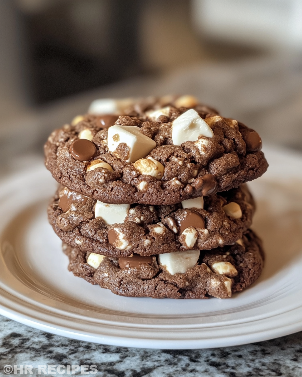 Plated double chocolate s'mores cookies served with glass of milk and coffee